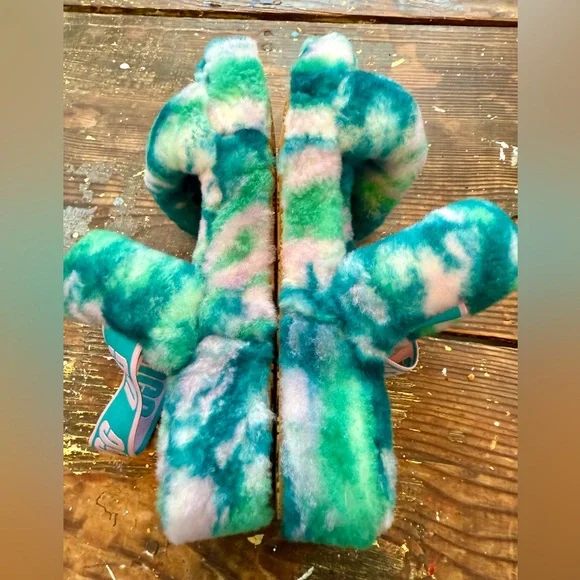 Ugg Womens Fluff Yeah Marble Sz 9 Aquatic Blue Real Lamb Fur Slide Slippers - Picture 4 of 8